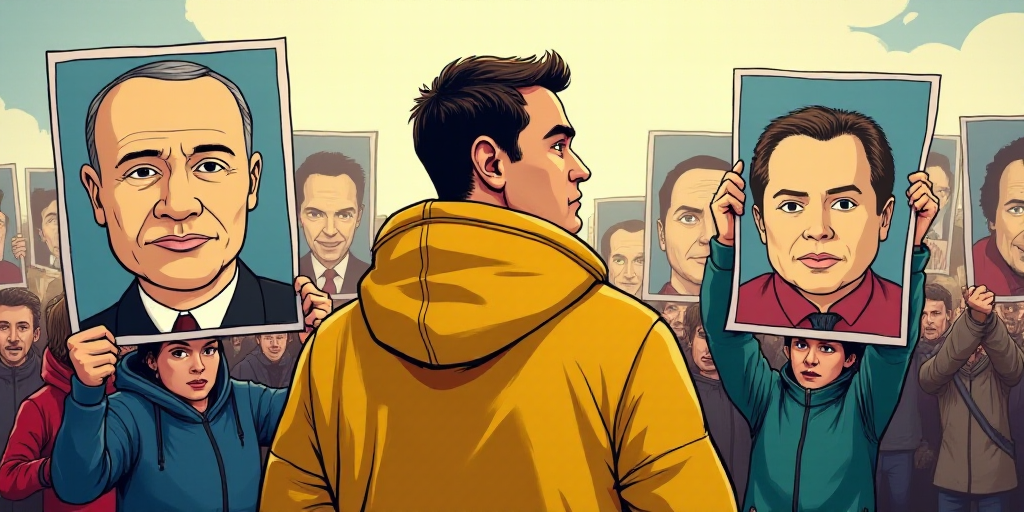 a group of people holding up signs and pictures of people with faces on them and a man in a yellow j