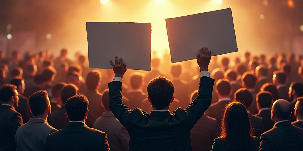 a group of people holding up signs in front of a crowd of people in suits and ties, all smiling, Car