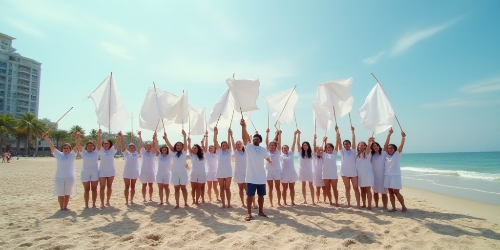 a group of people holding up white shirts and flags on a beach with a building in the background and
