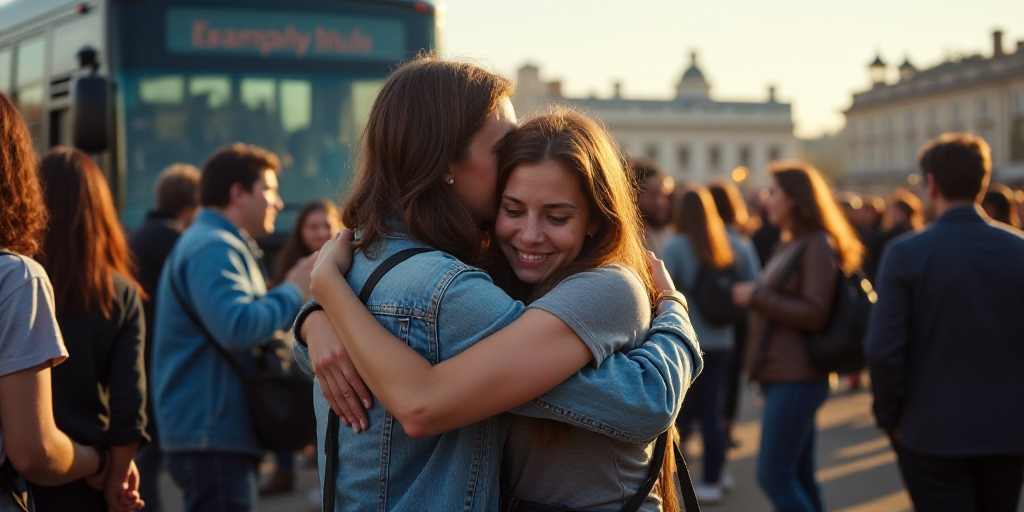 a group of people hugging each other in front of a bus and a crowd of people in the background, Bál