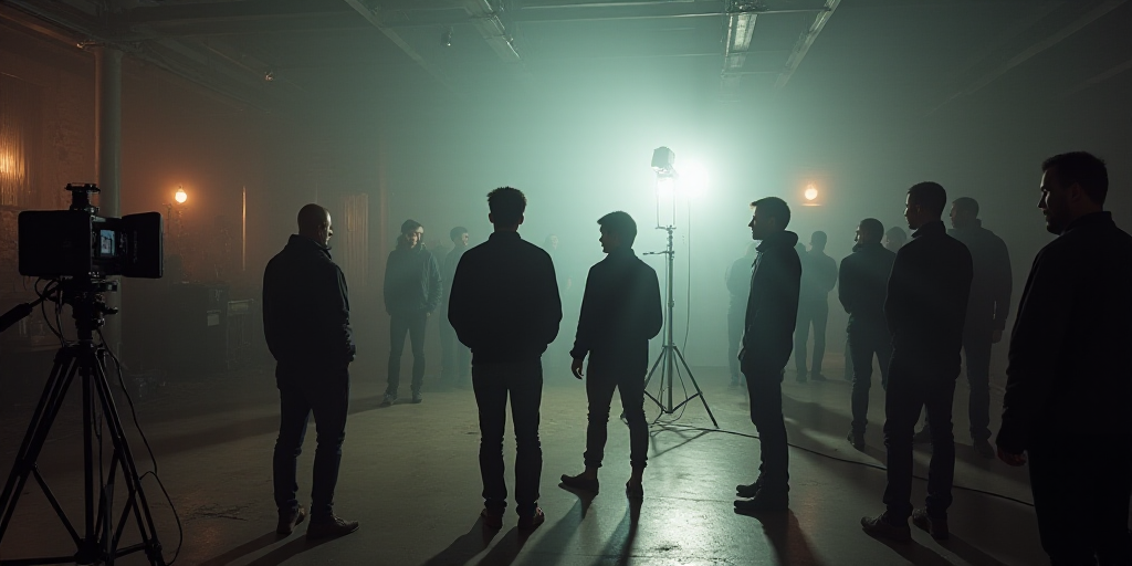 a group of people in a studio setting with a camera and a light on a tripod and a photographer, Chri