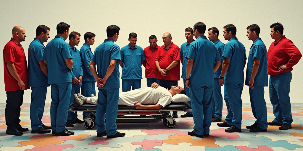 a group of people in blue and red uniforms standing around a person on a gurney on the ground with a