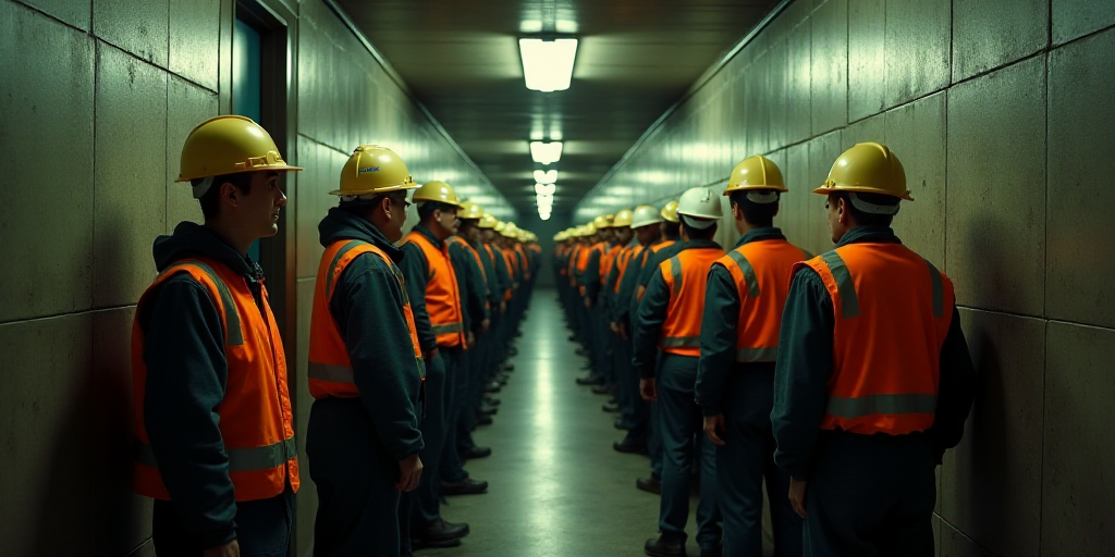 a group of people in hard hats and vests standing in a hallway with other people in hard hats, Ada G