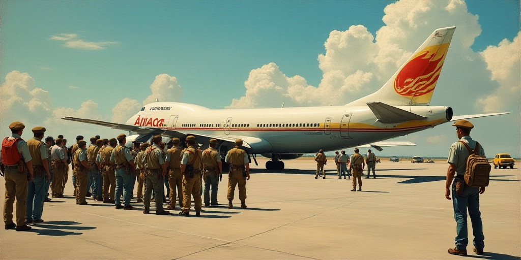 a group of people in uniform standing around a parking lot with a plane in the background and a pers
