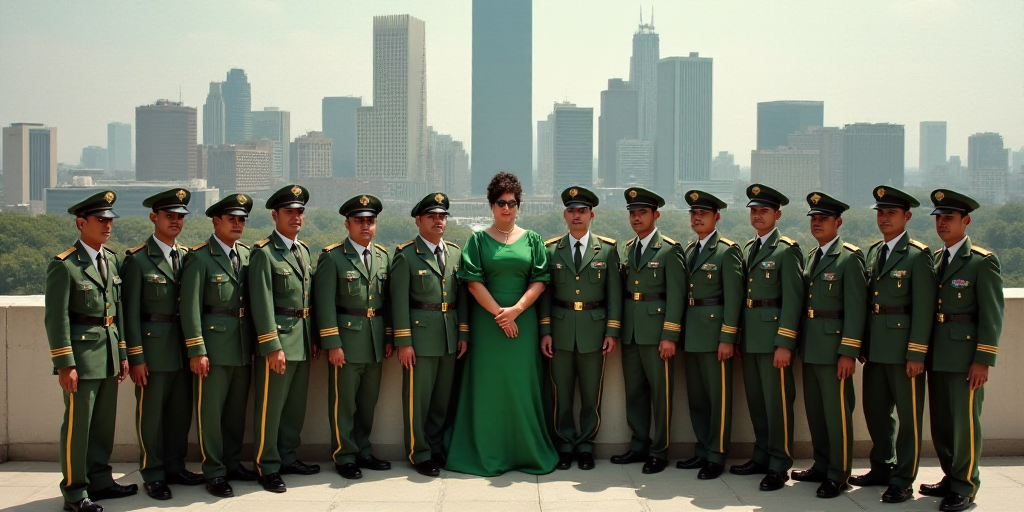 a group of people in uniform standing in front of a city skyline with tall buildings in the backgrou