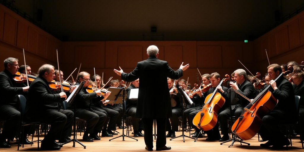 a group of people on a stage with musical instruments and a conductor in front of them and a conduct