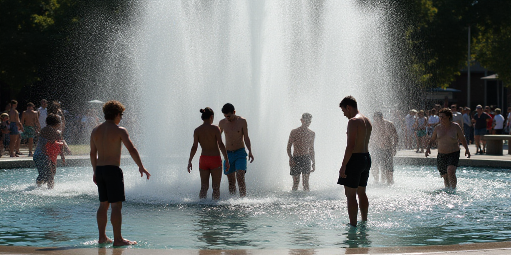 a group of people playing in a fountain with water spraying from it's sides and people standing arou