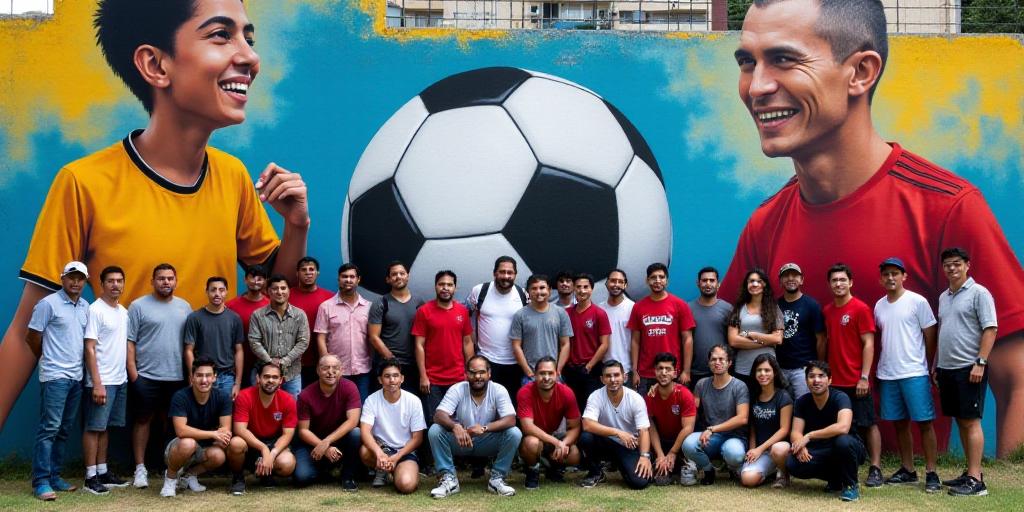 a group of people posing for a picture in front of a mural of a soccer team and a soccer ball, Feder