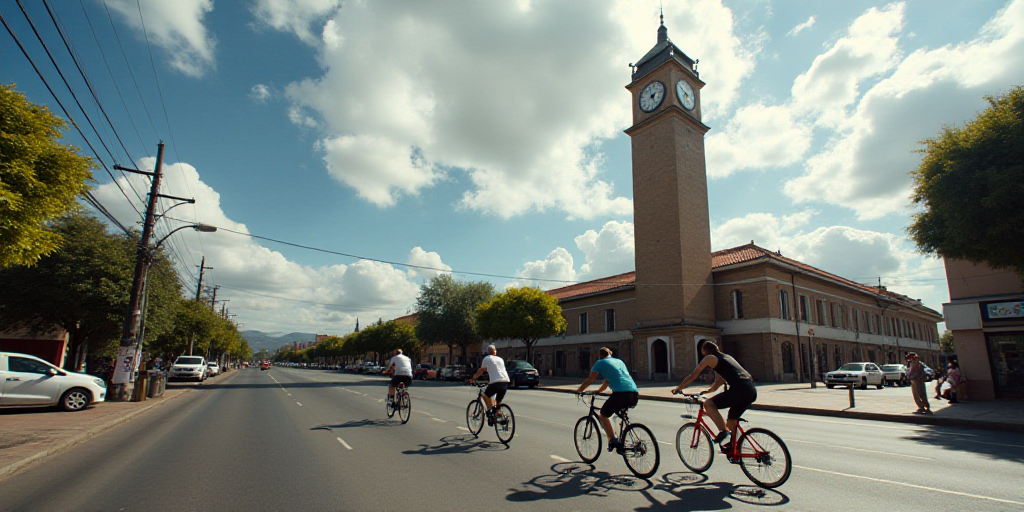 a group of people riding bikes down a street next to a tall building with a clock tower on top, Eddi