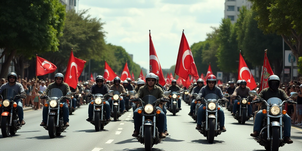 a group of people riding motorcycles down a street with flags and banners on them and a sign that sa