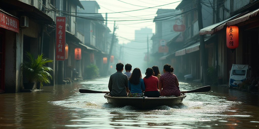 a group of people riding on a boat in a flooded street in a city with buildings and signs in the bac