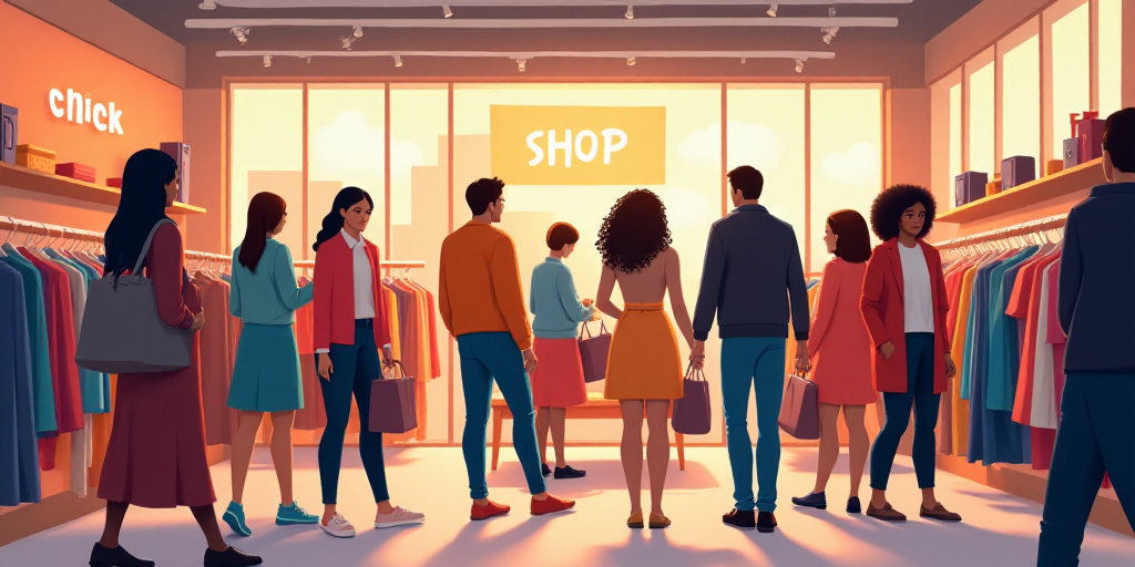 a group of people shopping in a store with clothes on display and a sign that says shop and shop, Ch