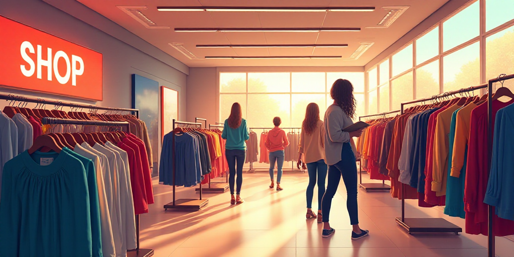 a group of people shopping in a store with clothes on display and a sign that says shop and shop, Ch