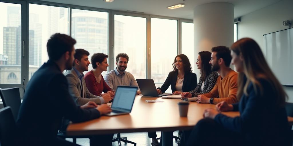 a group of people sitting around a table talking to each other in a meeting room with a laptop on th