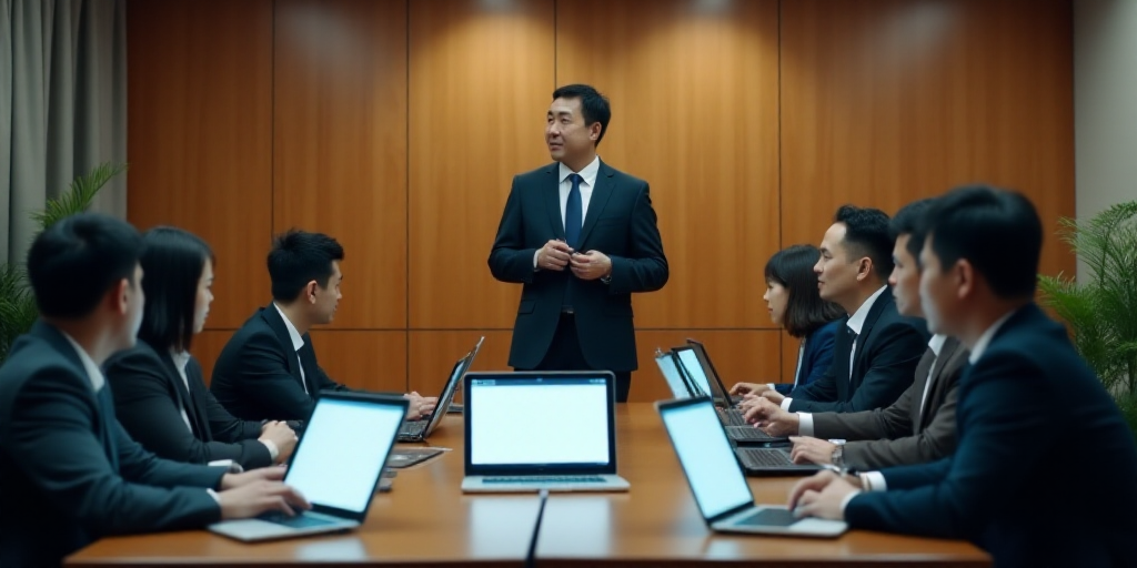 a group of people sitting around a table with laptops and tablets on it, with a man in a suit standi