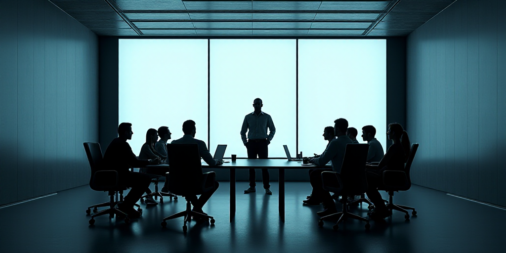 a group of people sitting around a conference table in a conference room with a large window behind