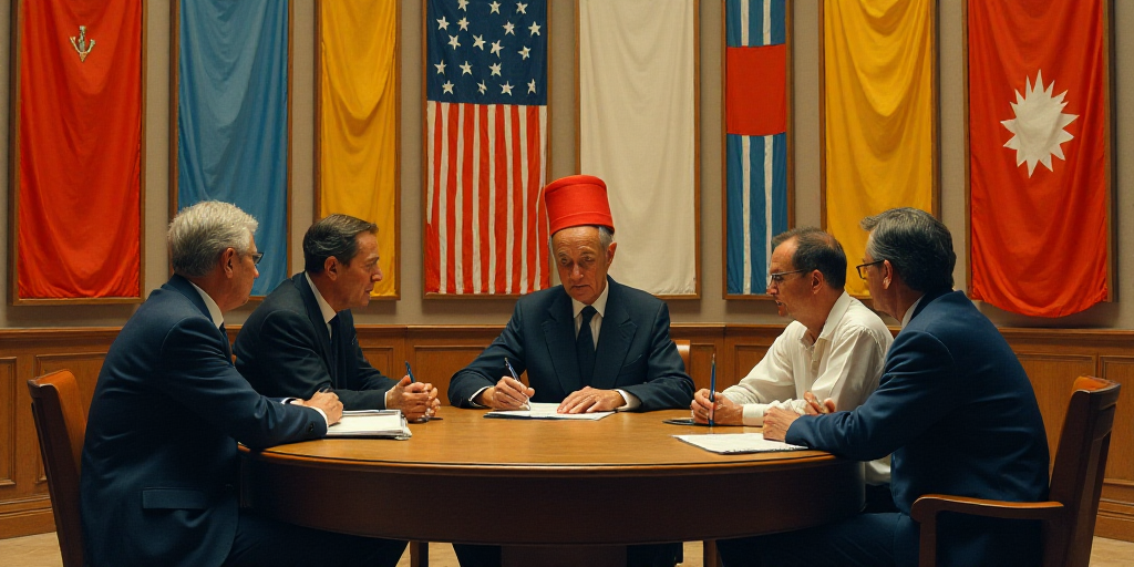 a group of people sitting around a table in a room with flags on the wall behind them and a man in a