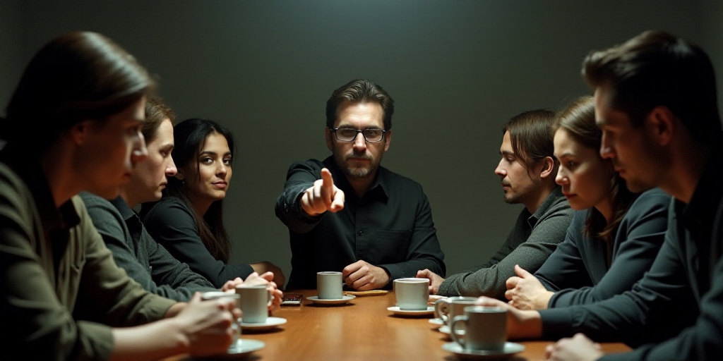 a group of people sitting at a table with cups of coffee in front of them and a man pointing at the