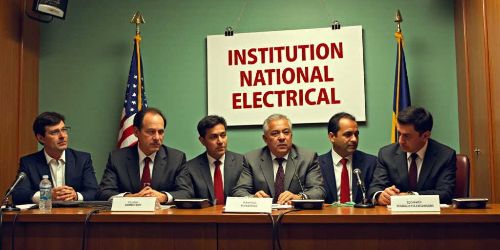 a group of people sitting at a table with microphones in front of them and a sign that says institut
