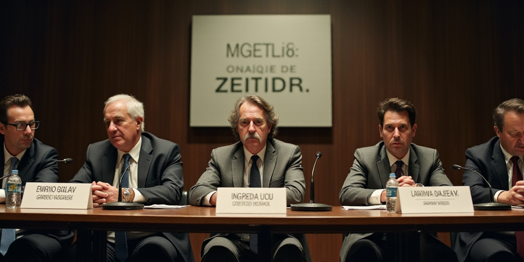 a group of people sitting at a table with microphones in front of them and a sign behind them, Enriq