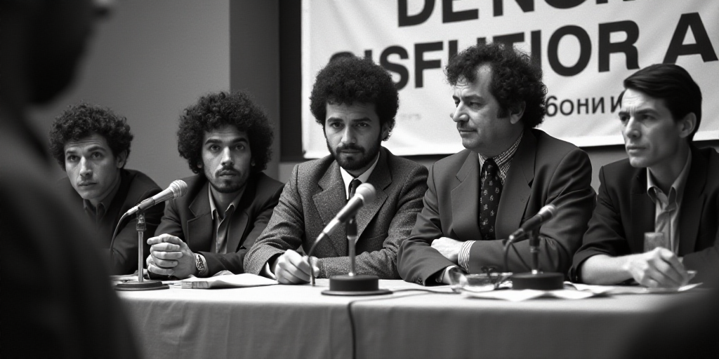 a group of people sitting at a table with microphones in front of them and a banner behind them, Dav