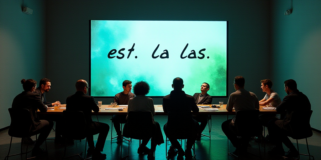 a group of people sitting at a table in front of a screen with a large screen behind them that says