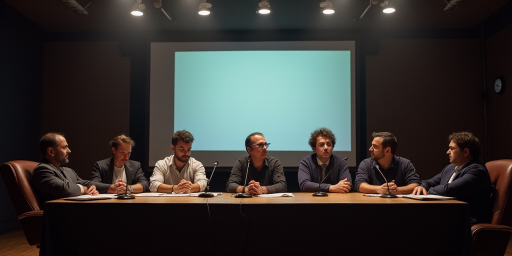 a group of people sitting at a table with a microphone in front of them and a screen behind them, En