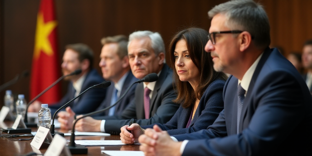 a group of people sitting at a table with microphones in front of them and a flag in the background,