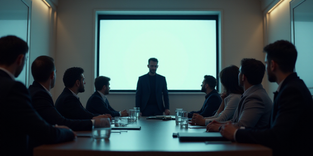 a group of people sitting at a table in a room with a large screen on the wall and a man standing in
