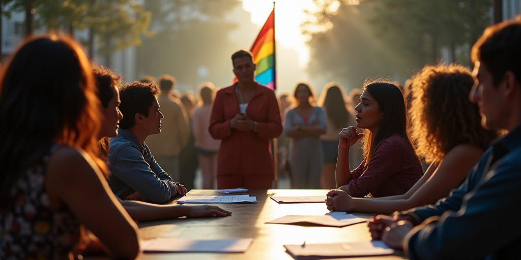 a group of people sitting at a table with papers and a rainbow flag on it in front of a crowd of peo