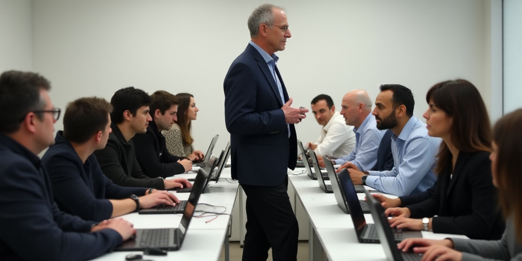 a group of people sitting at a table in a room with computers and laptops on it, with a man standing