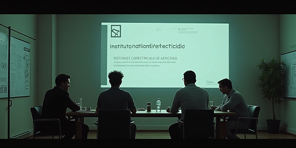a group of people sitting at a table in front of a sign that reads instituto national electrical, Es
