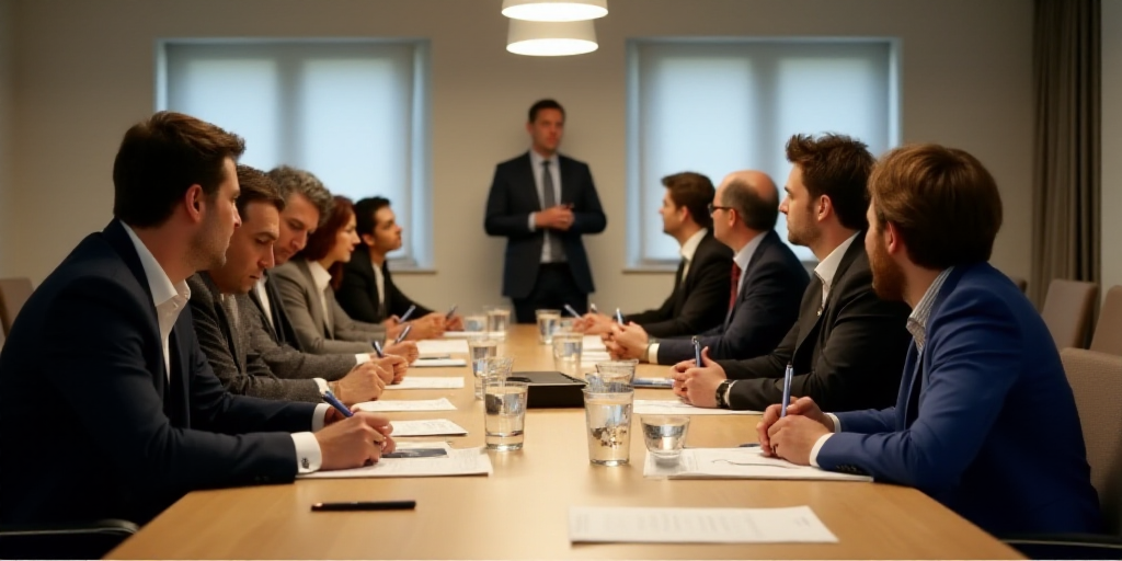 a group of people sitting at a long table with papers and pens in front of them and a speaker in the
