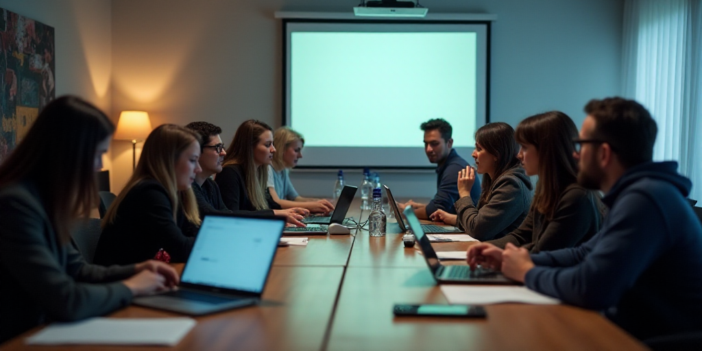a group of people sitting at a table with laptops and papers on it, with a projector screen behind t