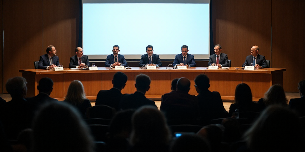 a group of people sitting at a table in front of a crowd of people in front of a screen, Carlos Fran