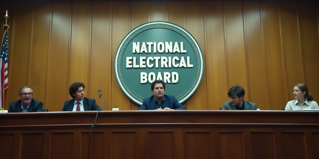 a group of people sitting at a table in front of a national electrical board sign and a microphone i