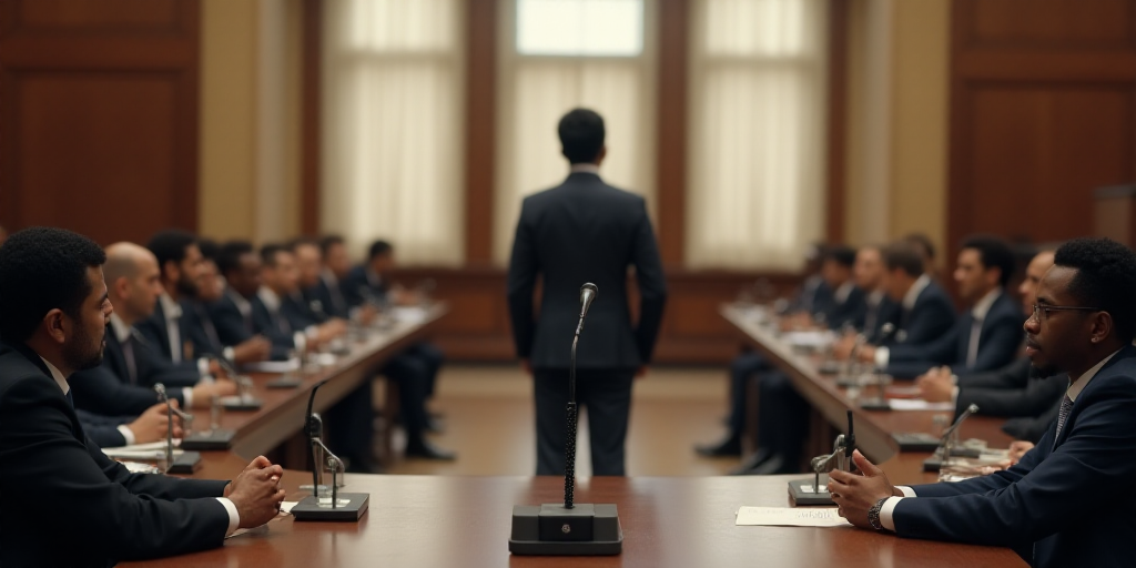 a group of people sitting at tables in a room with a microphone in front of them and a speaker in th