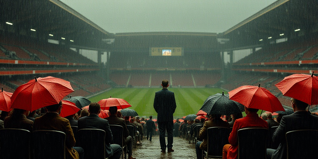 a group of people sitting in a stadium with umbrellas over their heads and a man standing in front o