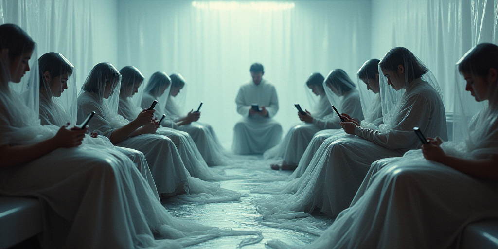a group of people sitting in a room covered in plastic wrap and looking at their phones and laptops,