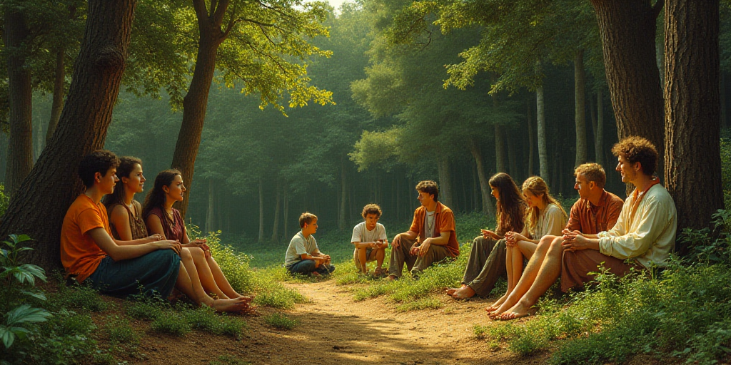 a group of people sitting in a forest with plants growing in the ground and trees in the background,