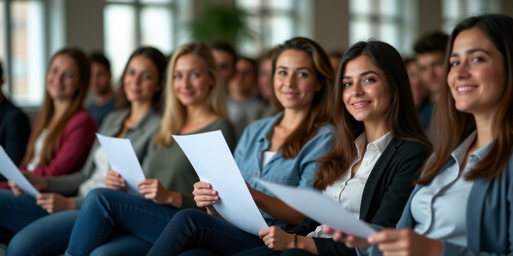 a group of people sitting in chairs holding papers in their hands and looking at the camera with a s