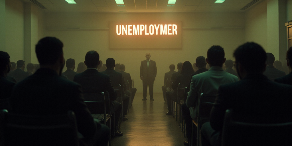 a group of people sitting in chairs in a room with a sign on the wall that says unemploymer courtley