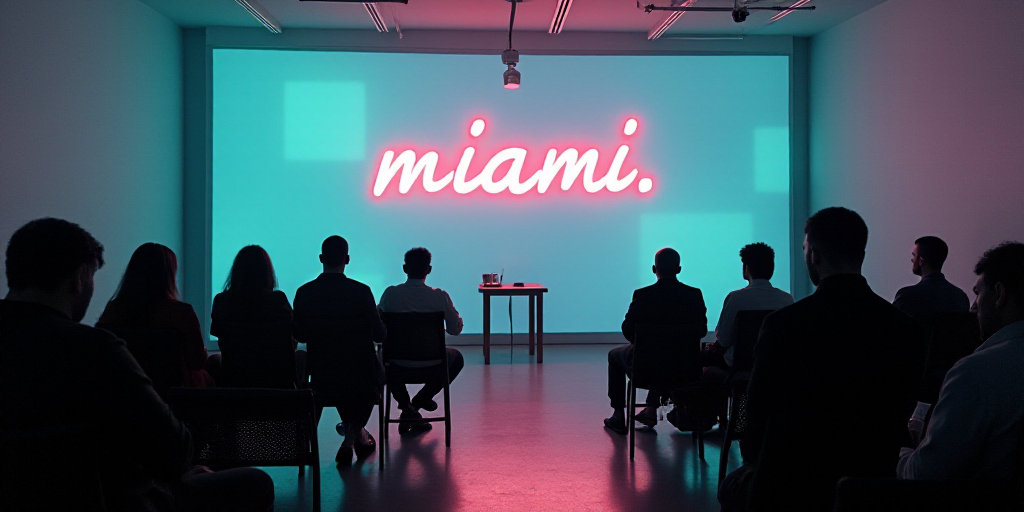 a group of people sitting in chairs in a room with a wall behind them and a sign that says miami, Af