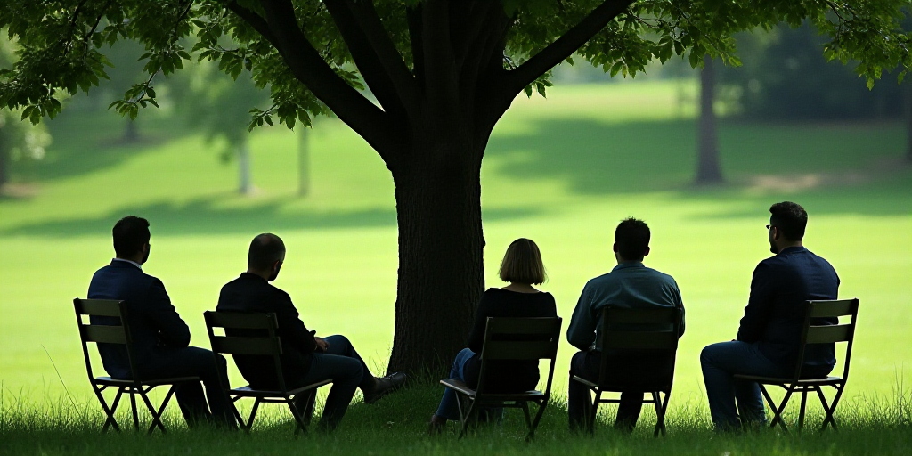 a group of people sitting in chairs in a park under a tree with a green field behind them and a tree