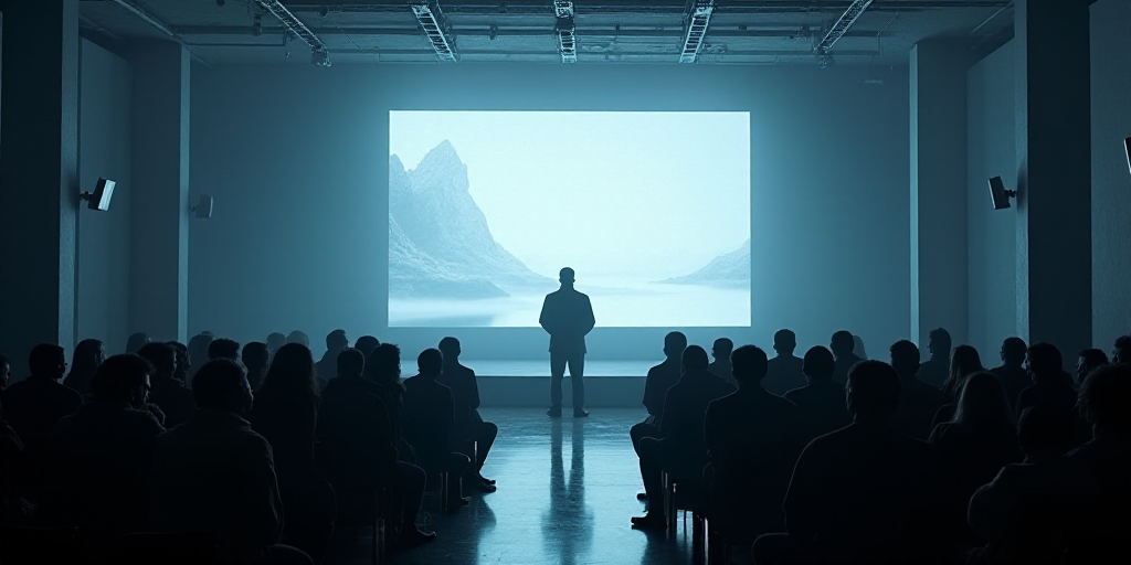 a group of people sitting in front of a stage with a screen on it and a man standing at the front of