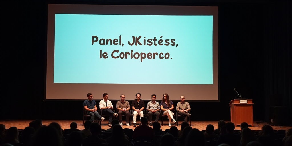 a group of people sitting on a stage in front of a screen with a banner behind them that says,, Agus