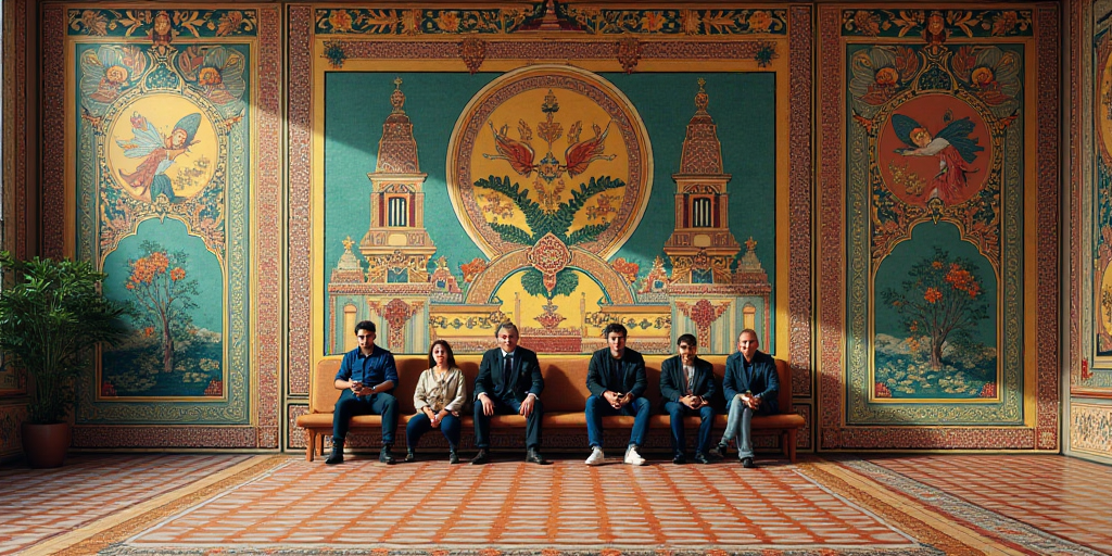 a group of people sitting on a bench in a room with a wall covered in intricately designed tiles, Ar