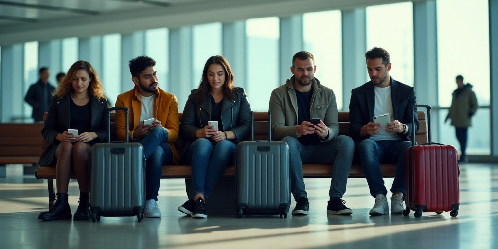 a group of people sitting on a bench with luggage and cell phones in their hands and a man on his ce