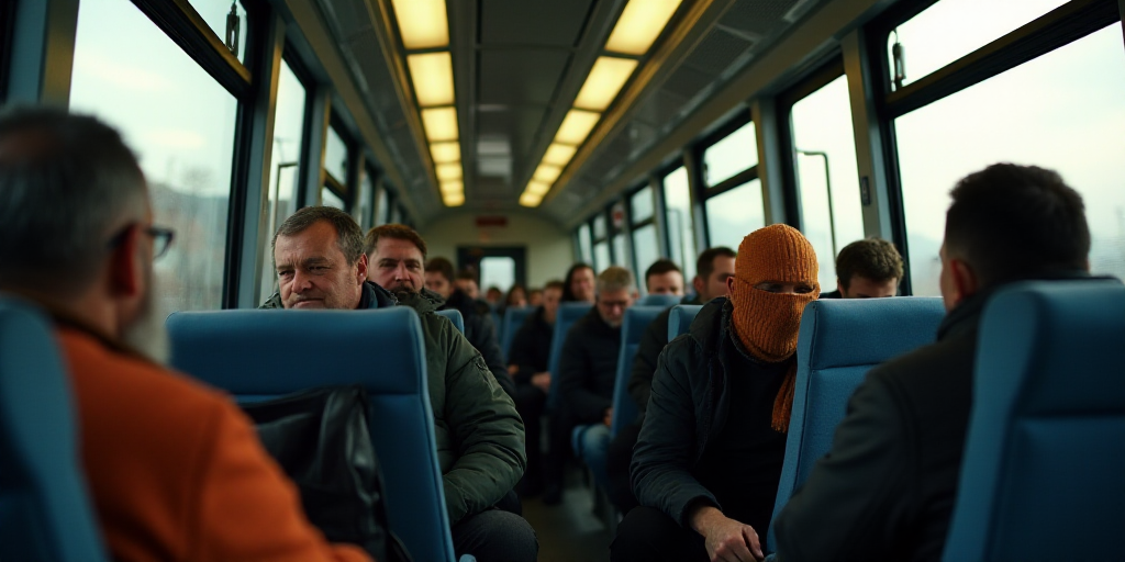a group of people sitting on a train next to each other on seats with a covering over their faces, C