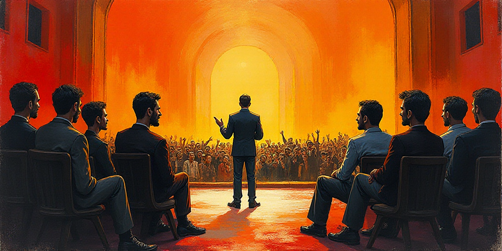 a group of people sitting on a stage with a man standing at the front of the room giving a speech, D